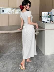 Dazy Tall 女款夏季短袖休閒波點蕾絲拼接洋裝 - 杏色 - 查看 4