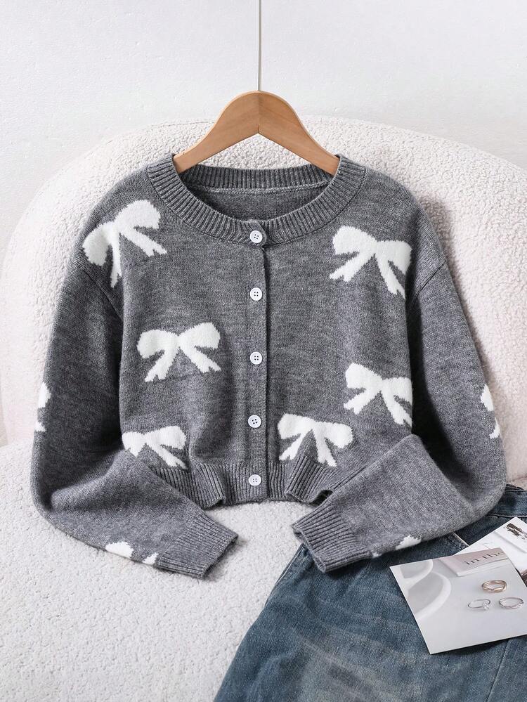 SHEIN Fashionable Casual Sweet Bowknot Gray Beige White Mesh Jacquard Knit Cardigan For Girls, Cute Versatile Outerwear - Grey - View 1