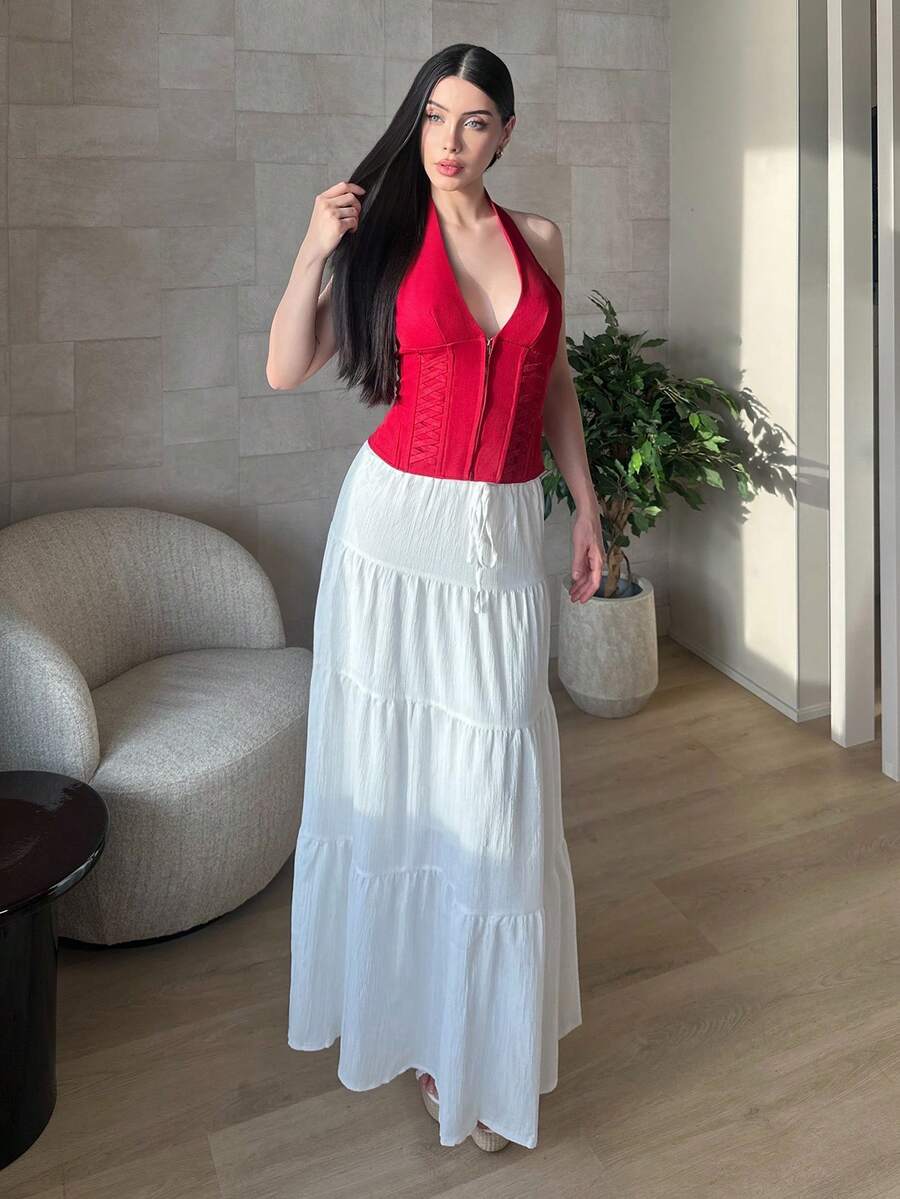 hhfernanda Women's Casual Vacation Multi-Layer Cake Skirt, Suitable For Summer White Boho Maxi Skirt Suitable For Going Out Chic Dress