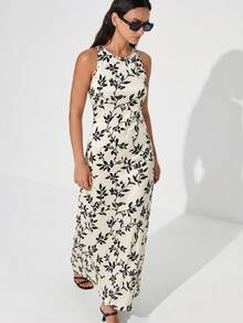Aveloria Modichic Minimalist Elegant 3D Asymmetric Cut Black White Contrast Random Print Satin Faux Acetate Fabric A-Line Slimming Versatile Tank Style Round Neck Dress - Multicolor - View 1