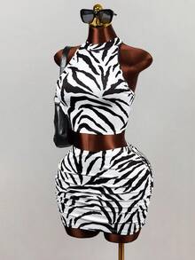 Mistrie Women's White And Black Zebra Print Halter Neck Set Backless Cropped Tank Top Bodycon Mini Skirt 2 Pieces Set Sexy Club Night Out Summer Party - Multicolor - View 4