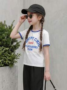 SHEIN Casuvi Kids Girls'Oversized T-Shirt,White,Summer,Casual,School,Back-To-School,Loose American Style Letter&Number Print Round Neck Color Block Short Sleeve Top - White - View 1