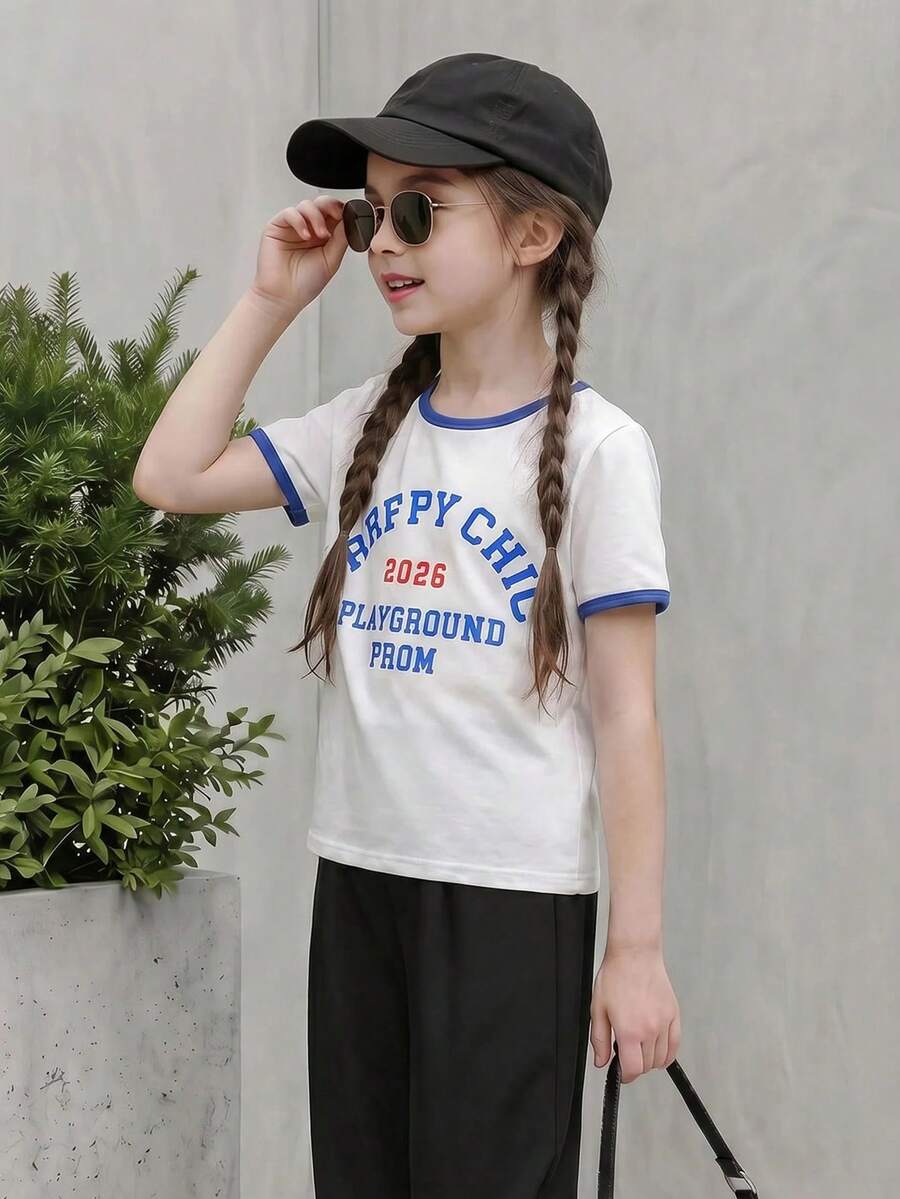 SHEIN Casuvi Kids Girls'Oversized T-Shirt,White,Summer,Casual,School,Back-To-School,Loose American Style Letter&Number Print Round Neck Color Block Short Sleeve Top - White - View 1