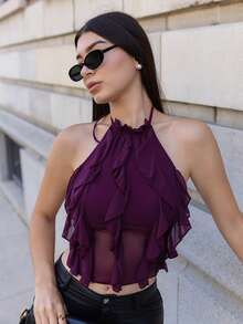 Andrea Bello New Sexy Backless Lace-Up Design Crop Top, Purple Elegant Multi-Layered Ruffle Decor Halter Backless Vest, Spring/Summer Women Summer Outfits Tops For Ladies Crop,Summer Top - Purple - View 7