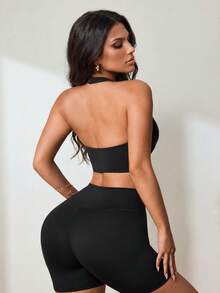 Slayform Women's Solid Color Casual Versatile Daily Sports Halter Tank Top - Black - View 2