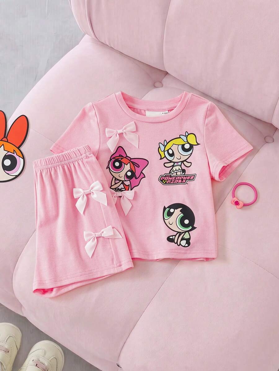 THE POWERPUFF GIRLS X SHEIN 女嬰卡通印花蝴蝶結裝飾T恤短褲套裝 - 粉色 - 查看 1