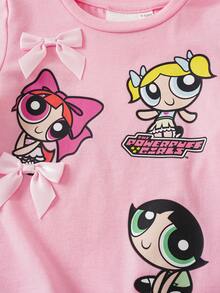 THE POWERPUFF GIRLS X SHEIN 女嬰卡通印花蝴蝶結裝飾T恤短褲套裝 - 粉色 - 查看 5