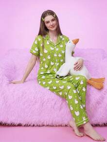 SHEIN Women's Duck Print Button-Front Short Sleeve Long Pants Pajama Set - Multicolor - View 7