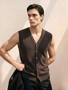 Manfinity Homme Men's Casual Smart Casual Versatile Solid Color Knit Vest Holiday Dark Brown Autumn Office - Multicolor - View 2