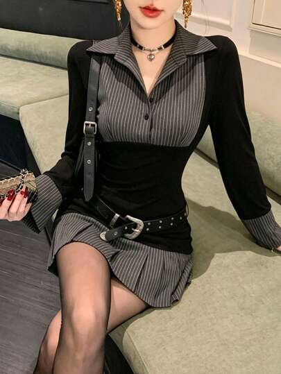 DAZY 女款條紋拼接休閒派對洋裝 夏季 Y2K 風格