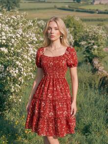 Swim Mod Women's Red Floral Puff Sleeve Ruffled Tiered Hem Dress Vacation Elegant Summer - Multicolor - View 1