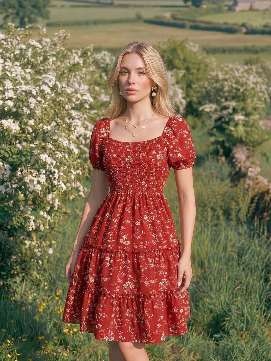 Swim Mod Women's Red Floral Puff Sleeve Ruffled Tiered Hem Dress Vacation Elegant Summer - Multicolor - View 1