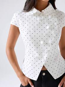 LYSMO Women's Polka Dot Lapel Casual Elegant Versatile Daily Wear Shirt Brunch White And Black Polka Dot Summer Going Out Tops For Women - White - View 4