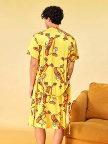 Notgurli Men's Hot Dog Print Waist Tie Casual Daily Home Sleepwear - Multicolor - View 2