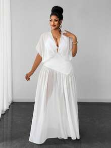 Maweii Plus Size Women's French Elegant Luxury Deep V-Neck Ruched White Moon Chiffon Sheer Solid Color Dress - White - View 2