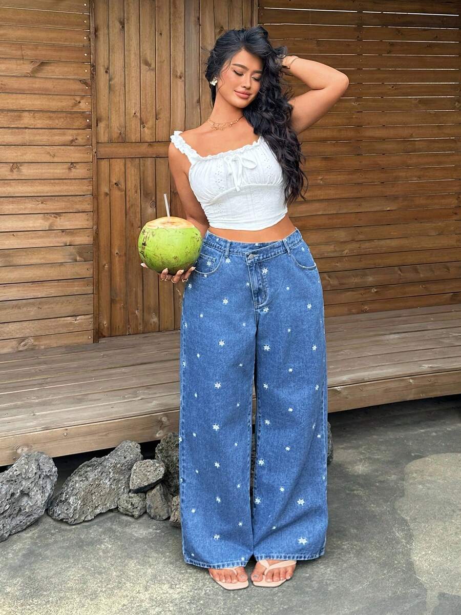 SHEIN Plus Size Women's Asymmetrical Waistband Pocket Wide Leg Loose Fit Denim Jeans - Blue - View 1