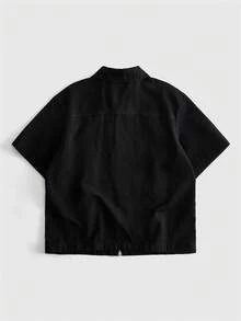 ROMWE MEN Men's Napoleon Button Design Zipper Placket Short Sleeve Denim Jacket - Black - View 4