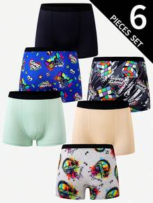 Calzoncillos tipo bóxer de pierna cuadrada suaves y cómodos para niño preadolescente, 6 piezas, diseño sencillo de moda para todas las estaciones, con consola de juegos, música, auriculares y cubo mágico, multicolor y estampado múltiple - Multicolor - Ver 2