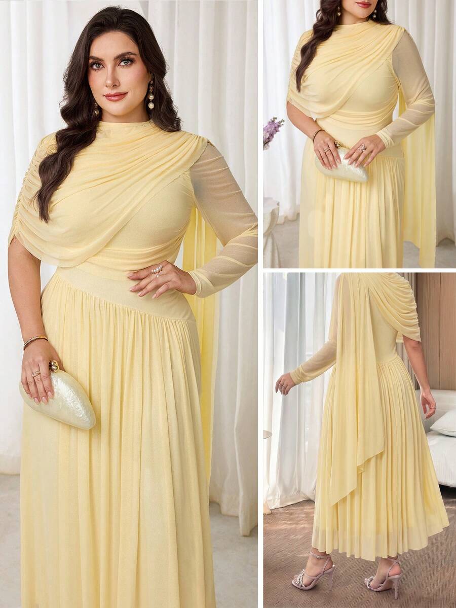 Modelyn Elegantes Partykleid in Unifarbe mit asymmetrischem Kragen, Große Größen - Gelb - Übersicht 1