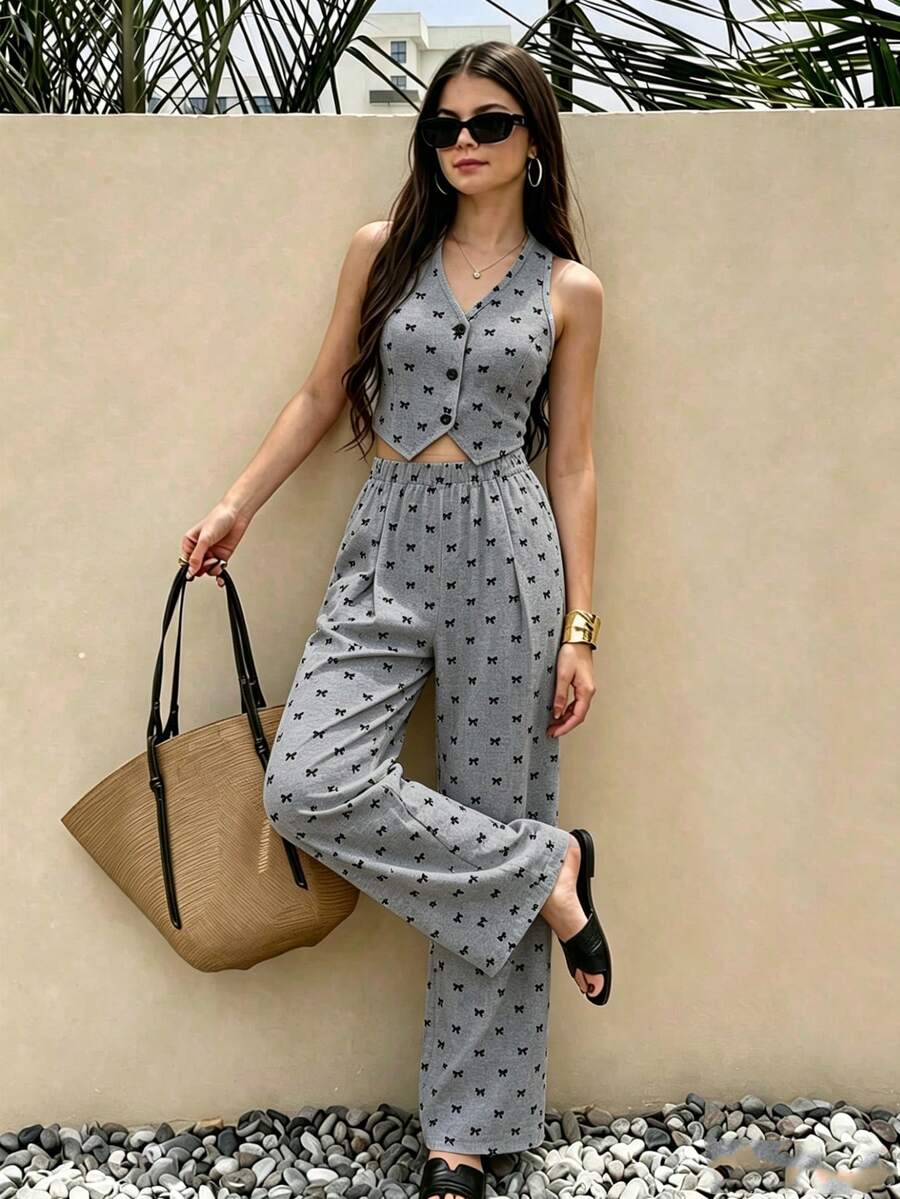 SHEIN 2件組女童青少年套裝 開襟無袖西裝背心、條紋背心上衣、鬆緊腰拼接腰帶寬鬆寬腿條紋長褲,通勤休閒夏季兩件套 - 灰色 - 查看 1
