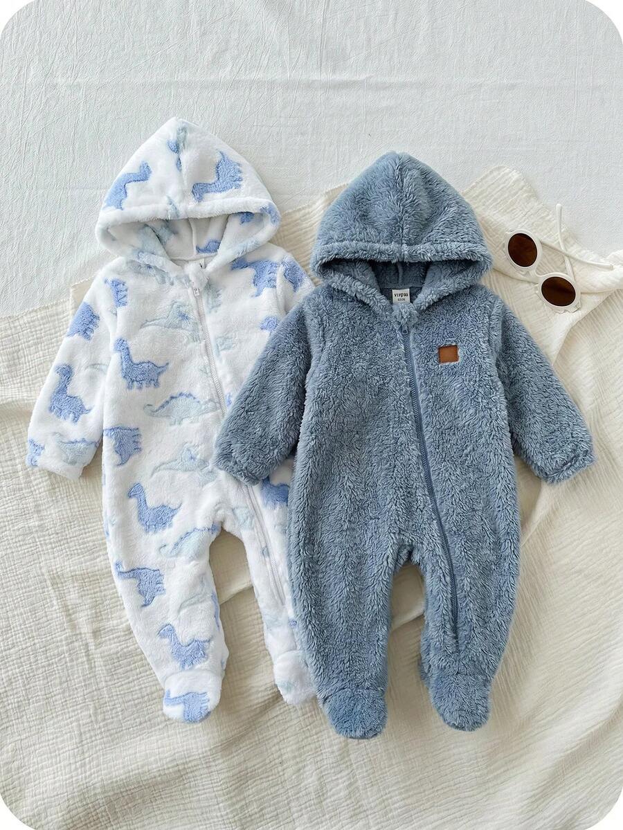 SHEIN 2件組新生兒男嬰女嬰秋冬款可愛休閒卡通熊圖案毛茸茸連帽連腳連身衣 中性嬰兒冬裝 - 彩色 - 查看 1