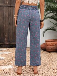 Breezaya Damen Jeans mit Blumenmuster, Taillenband und geradem Bein - Dunkle Waschung - Übersicht 2