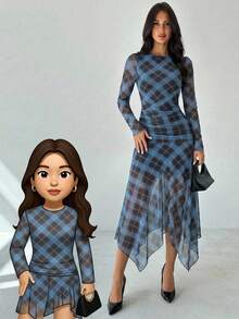 Firerie Elegant Y2k Fashion Plaid Ruched Asymmetrical Hem Long Dress For Women Going Out Party Blue Plaid Autumn - Multicolor - View 2