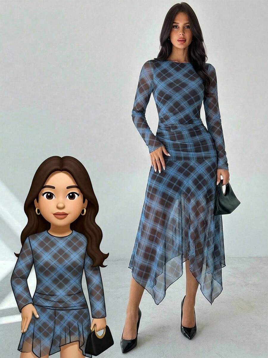 Firerie Elegant Y2k Fashion Plaid Ruched Asymmetrical Hem Long Dress For Women Going Out Party Blue Plaid Autumn