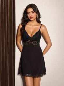 Slumberist Sexy Lace Camisole Nightgown, Black Sheer Patchwork Design, Slim Fit Comfortable Short Sleepwear - Black - View 5