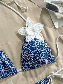 Livesso Women's Jacquard 3D Floral Decor Swimwear Set - Blue - View 3