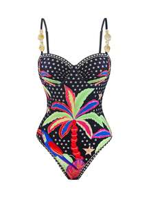 Swim Oasis Women's 2 Pieces Oasis Vacation Premium Set, Dodo Bird & Coconut Tree Print Positioned Print One-Piece Swimsuit & Skirt Set, Adjustable Straps, Oasis Women's One-Piece - Black - View 4