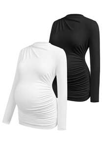 Modmama Camiseta de maternidad casual versátil de unicolor con fruncido y ajuste ceñido - Blanco y Negro - Ver 4