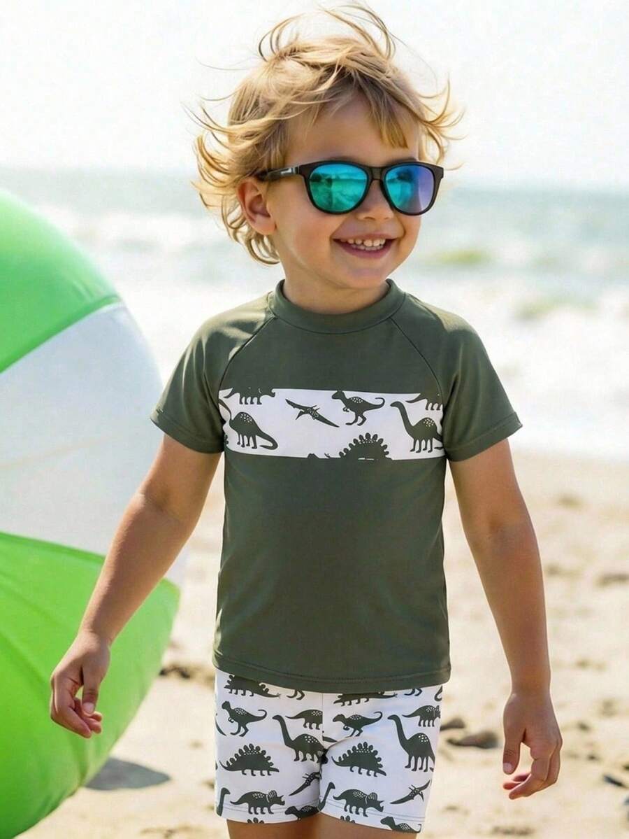 SHEIN Young Boy Casual Minimalist Vacation Coconut Tree Pattern Print Contrast Sleeve Loose Round Neck Short Sleeve T-Shirt Shorts Swimsuit Suitable For Summer - Multicolor - View 1