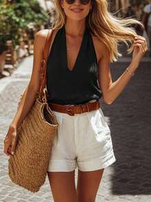 SHEIN Holidaya Women's Casual Vacation Linen Halter Neck Tank Top Summer Top - Black - View 4