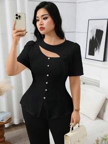 Modelyn Plus Size Women's Solid Color 3D Floral Decor Cutout Design Button Elegant Blouse Teachers' Day Office Black And White Summer - Black - View 8