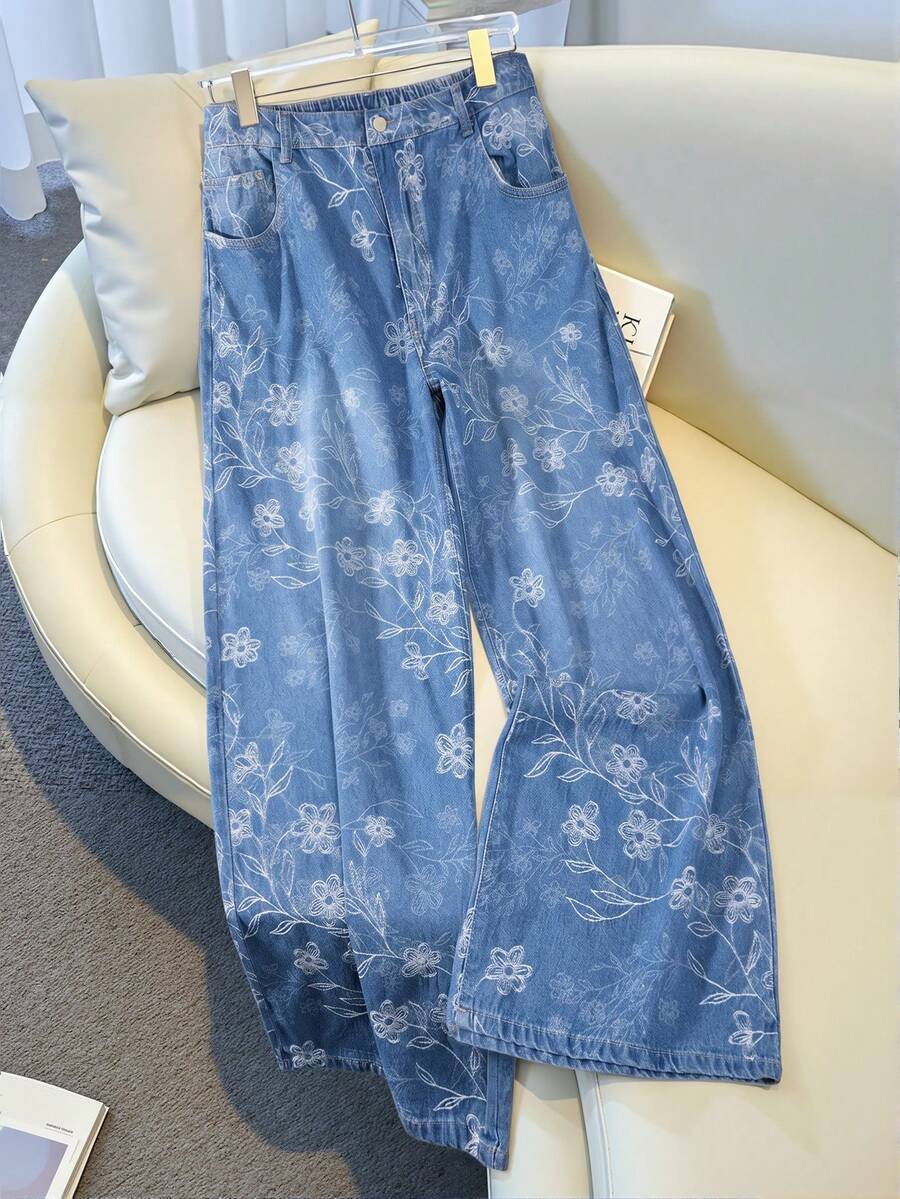 GlowEve CURVE 大尺碼女款四季休閒提花寬鬆牛仔褲 - 中等水洗藍 - 查看 1