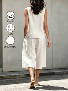 SHEIN Holidaya New Women's Summer Casual Vacation All Cotton White Top And White Pants 2-Piece Set, Summer, Autumn And Winter For Women, Women's White Casual Set, Women's Summer Vacation Outfit 2-Piece Set, Women's Elegant Comfortable 2-Piece Set, Women's Country Style Clothing 2-Piece Set, All Cotton White 2-Piece Set, Women's Beach Outfit 2-Piece Set, Women's Casual Top And Casual Pants 2-Piece Set, Suitable For Outings, Dates And Vacations - White - View 3
