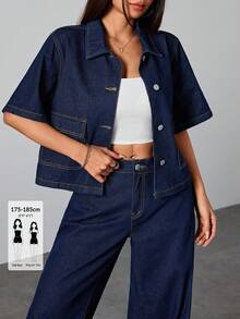 SHEIN Tall Plus Size Women's Single-Breasted Casual Short Sleeve Denim Jacket - Dark Wash - View 1