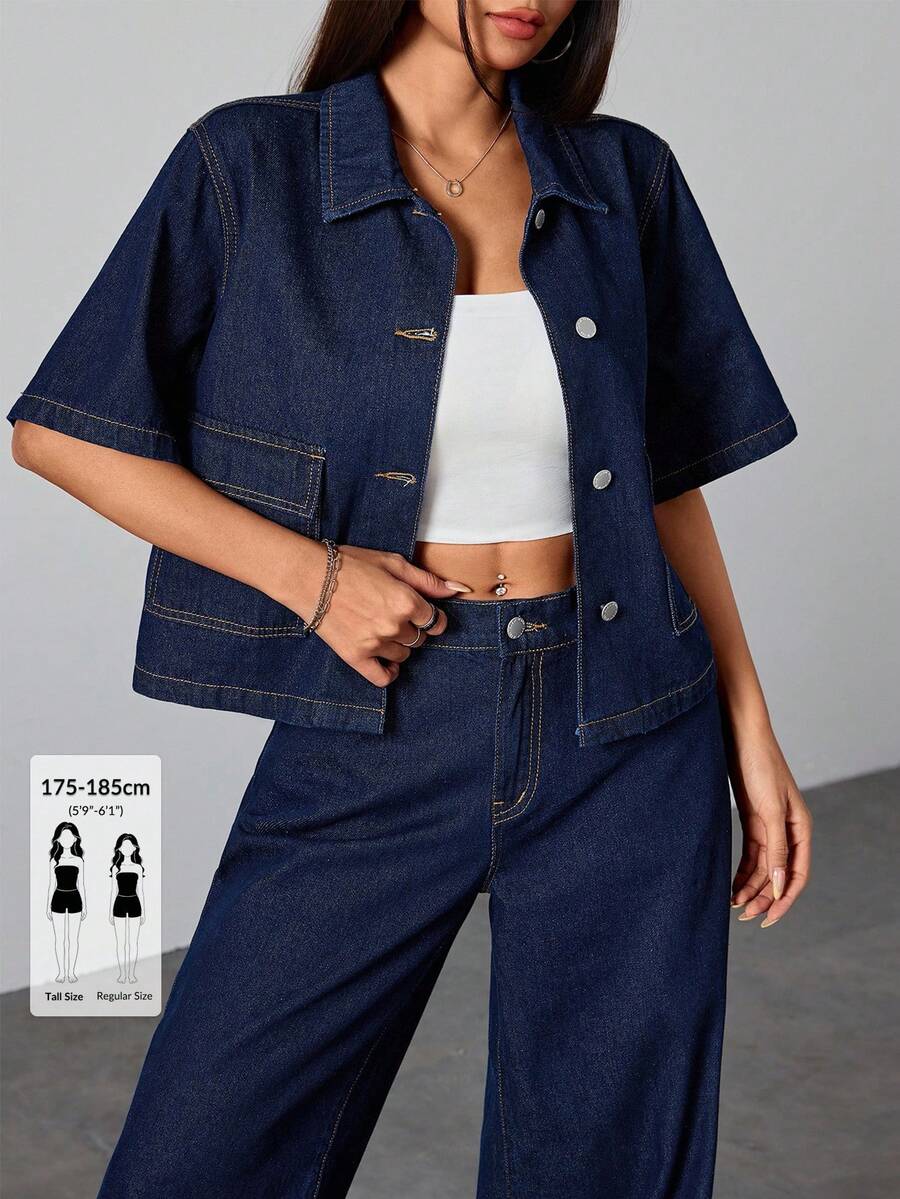 SHEIN Tall Plus Size Women's Single-Breasted Casual Short Sleeve Denim Jacket - Dark Wash - View 1