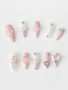 ROMWE Kawaii 10 Pcs Cute Pink Rhinestone Cross Nails+ 3 Pieces Of Double-Sided Tape, High-Quality Hand-Painted Almond-Shaped False Nails, Suitable For Daily Wear. - Pink - View 4