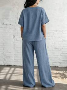 SHEIN LUNE CURVE 大尺碼新式新中式領褶皺扣環仿棉麻短袖兩件套灰色藍色夏季 - 藍色 - 查看 2