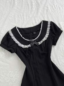 Elamini Minimalist Lace Cute Sexy Sweet Peter Pan Collar Lace Trim Patchwork Bow Short Sleeve A-Line Mini Dress Date Party Black And White Summer - Black - View 3