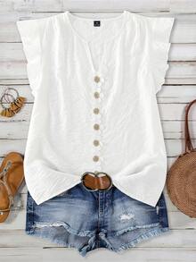 Reflora Plus Size Women's Textured Patchwork Ruffle Lace Loose Short Sleeve Blouse, Spring/Summer Vacation White Boho - White - View 1