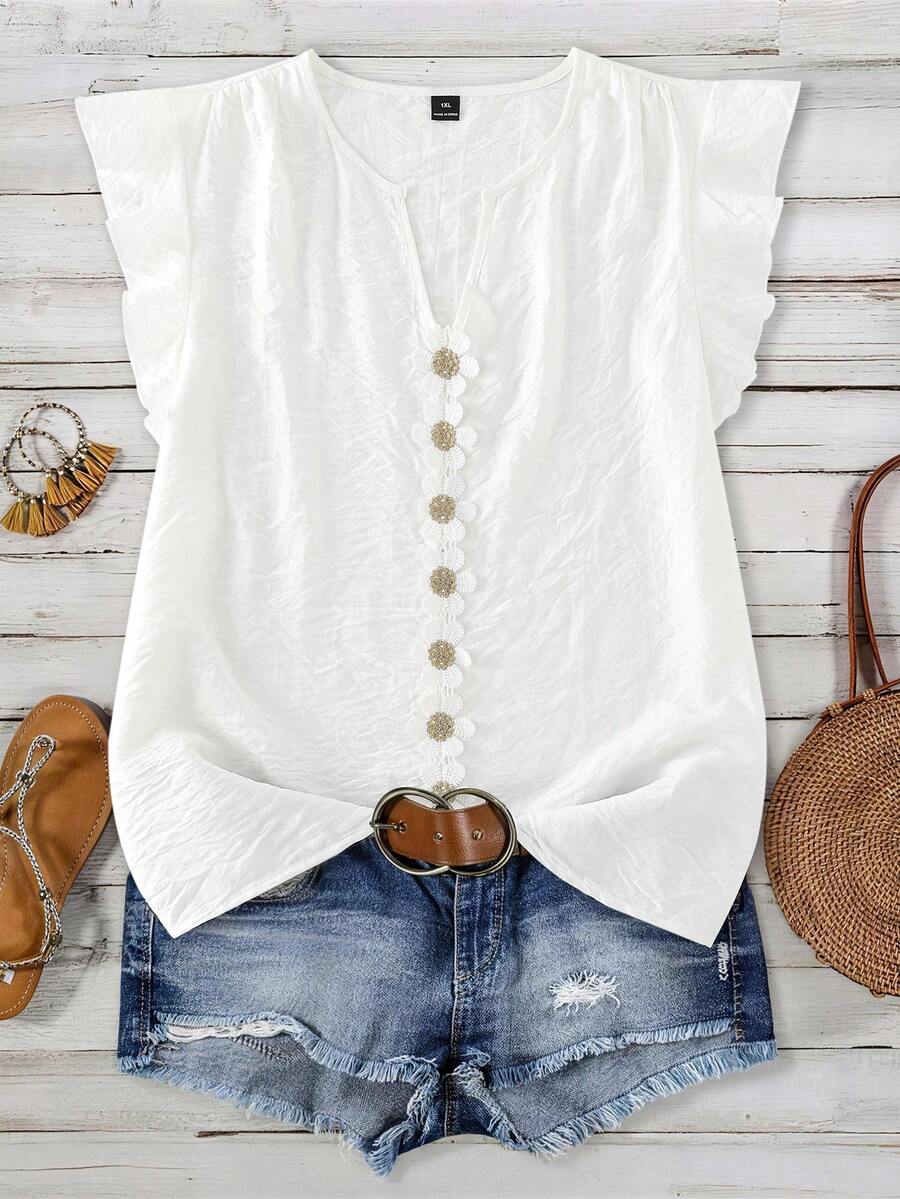 Reflora Plus Size Women's Textured Patchwork Ruffle Lace Loose Short Sleeve Blouse, Spring/Summer Vacation White Boho - White - View 1