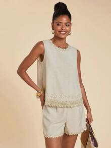 Travachic Women's Spring/Summer Casual Commute Lace Plain With Ruffle Round Neck Tank Top And Shorts 2-Piece Set - Apricot - View 7
