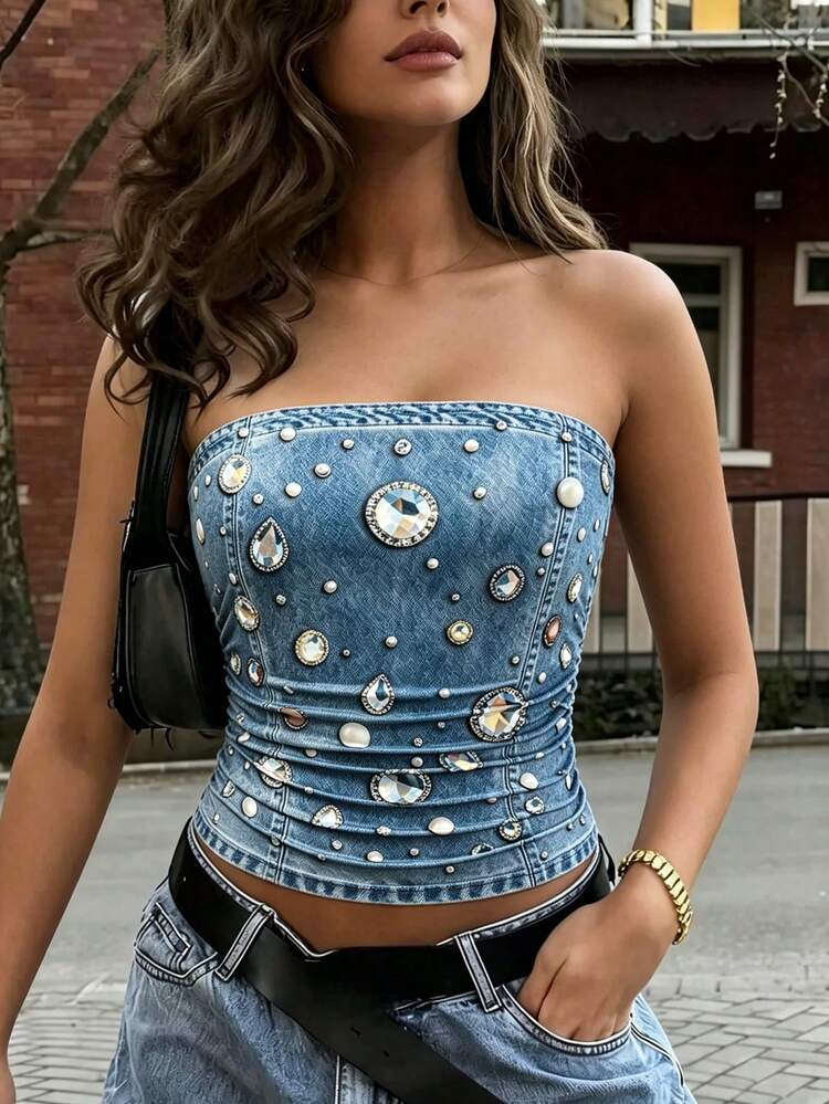 Selianne American Vintage Pearl Rhinestone Washed Denim Digital Print Tube Top, Hot Girl Vibe Outfit; Beach Vacation: Layer With A Cardigan For A Look; Shopping/Dating: Pair With High-Waisted Wide-Leg Pants/Skirt For An American Vintage Style - Blue - View 5