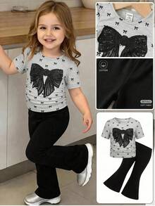 SHEIN 2pcs Baby Girl Knitted Solid Color Round Neck Bow Decor Pleated T-Shirt And Flare Pants Set - Multicolor - View 5