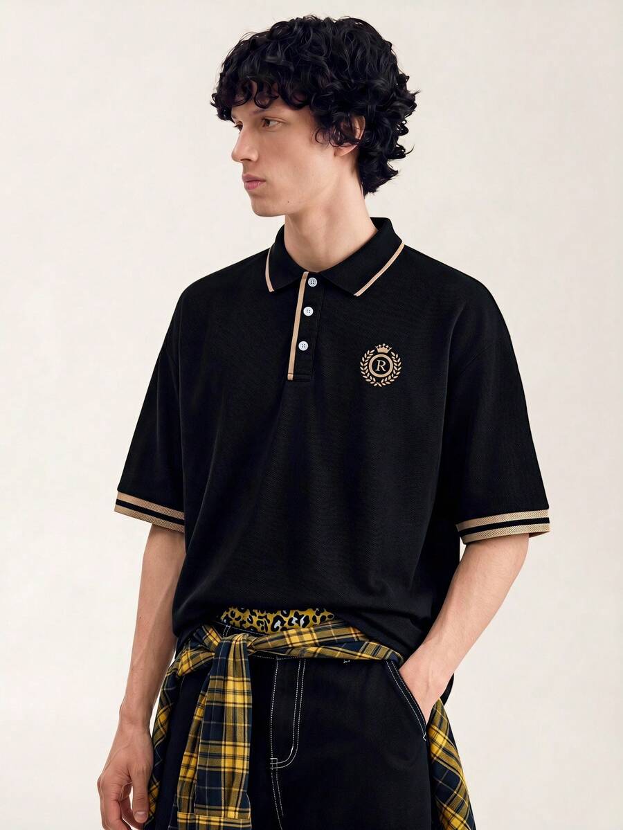 Limitiso 男士撞色字母图案印花领复古高尔夫 Polo 衫,适合爸爸 - 黑色 - 查看 1