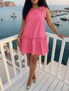 Slaydiva Plus Size Women Solid Color Shoulder Knot Ruffle Hem Casual Sleeveless Dress Vacation Pastel Pink Summer - Hot Pink - View 7