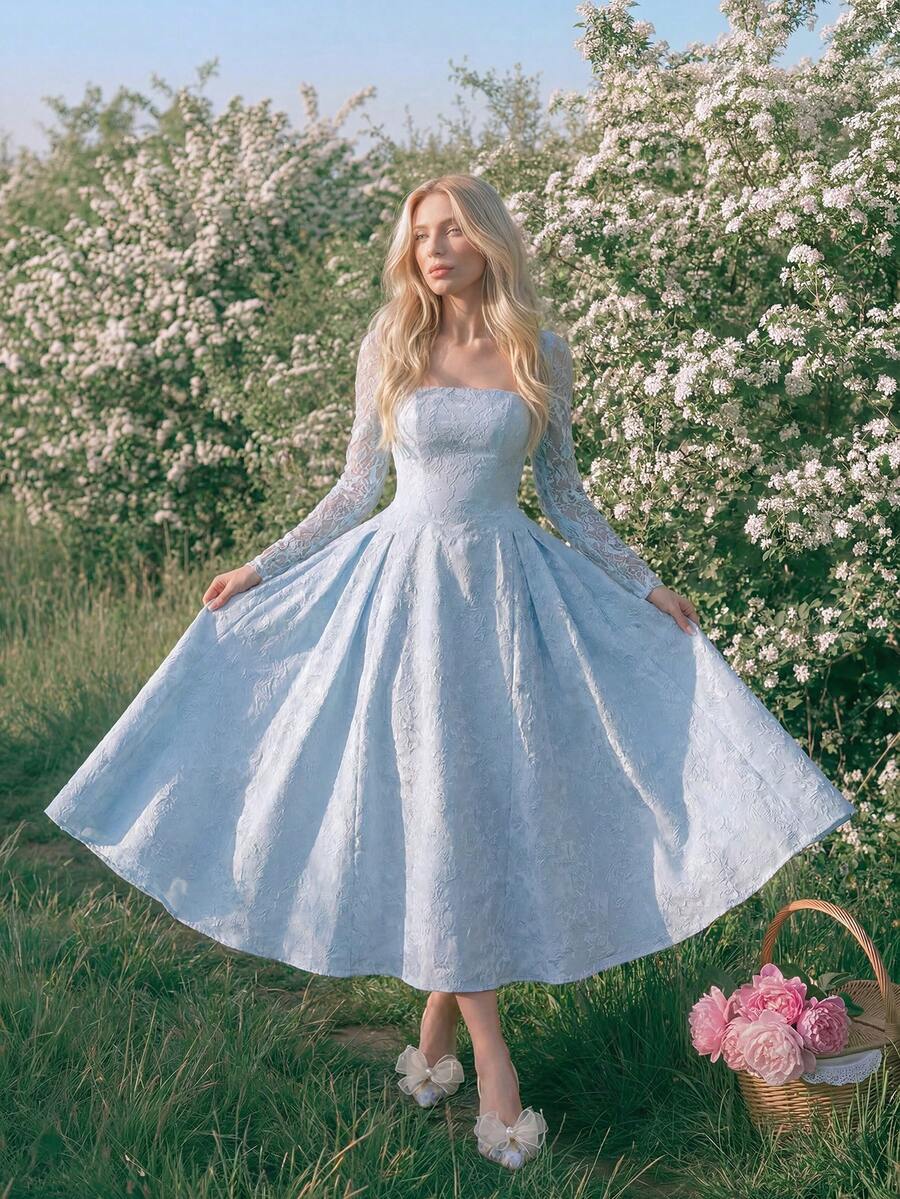 Swim Mod Light Blue,Wedding Guest Lace Patchwork 3D Embossed Floral Square Neck Long Sleeve A-Line Princess Gown Vintage 1800 Reception Dress Party Elegant - Blue - View 1